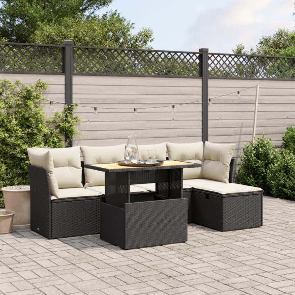 Sofa set with cushions, 6 pieces, black, polyrattan