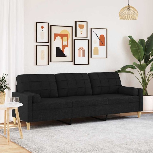 Three-seater sofa with cushions, black, 210cm, fabric