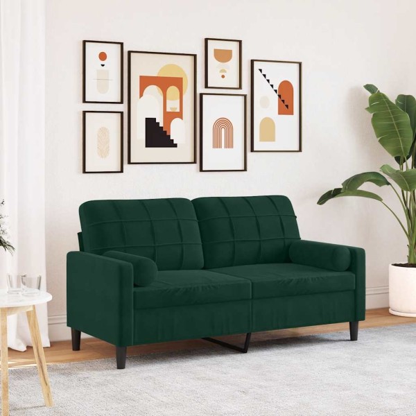 Double sofa with cushions, dark green, 140cm, velvet