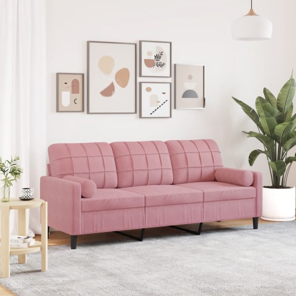 Three-seater sofa with cushions, pink, 180cm, velvet
