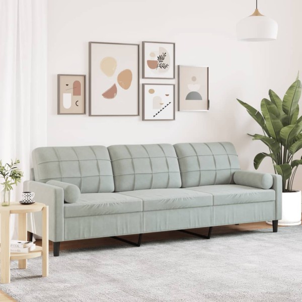 Three-seater sofa with cushions, light gray, 210 cm, velvet