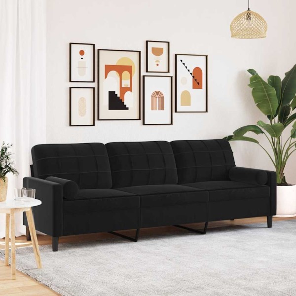 Trivietė sofa su pagalvėlėmis, juodos spalvos, 210cm, aksomas