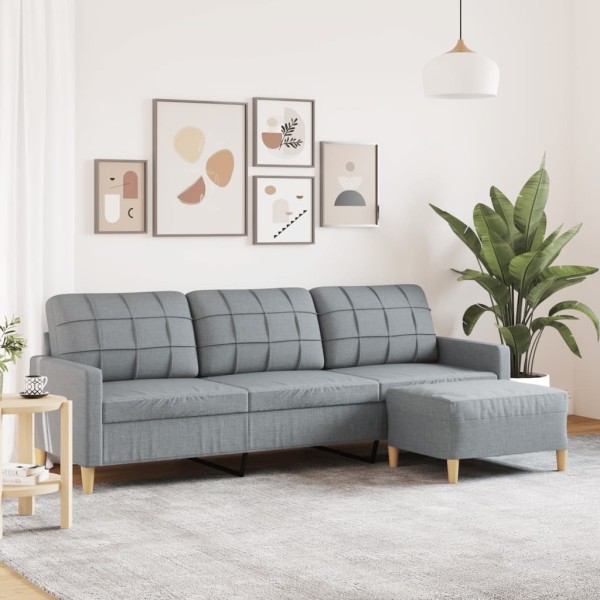 Three-seater sofa with footrest, light gray, 210 cm, fabric