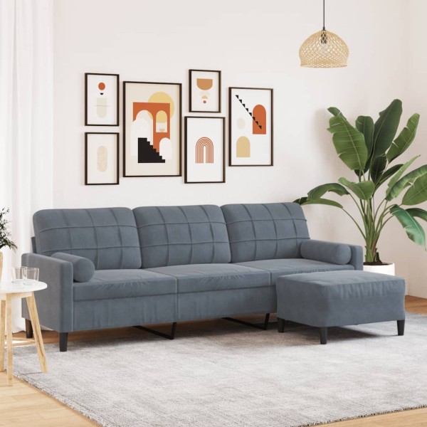 Three-seater sofa with footstool, dark gray, 210cm, velvet