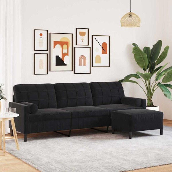 Three-seater sofa with footrest, black, 210cm, velvet