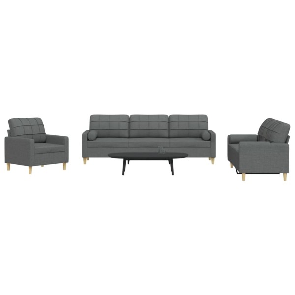 Sofa set with pillows, 3 parts, gray, fabric