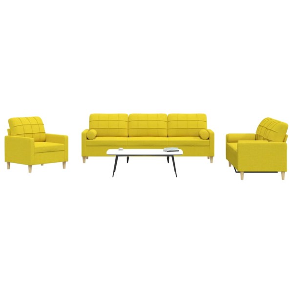 Sofa set with pillows, 3 parts, yellow, fabric