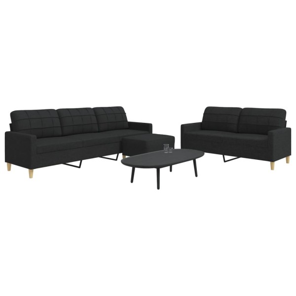 Sofa set with footrest, 3 parts, black, fabric