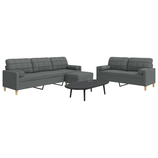 Sofa set with pillows/leg, 3 parts, gray, fabric