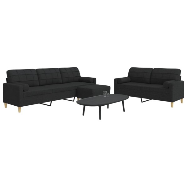 Sofa set with pillows/footstool, 3 parts, black, fabric