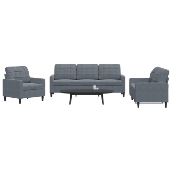 Sofa set with cushions, 3 parts, gray, velvet