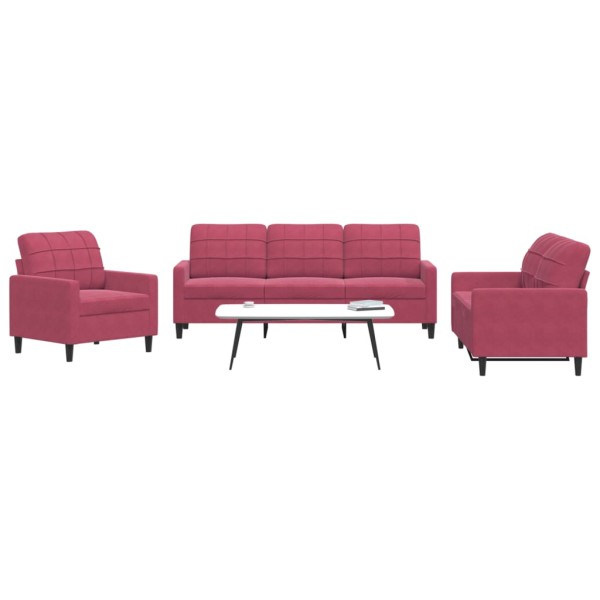 Sofa set with cushions, 3 parts, wine, velvet