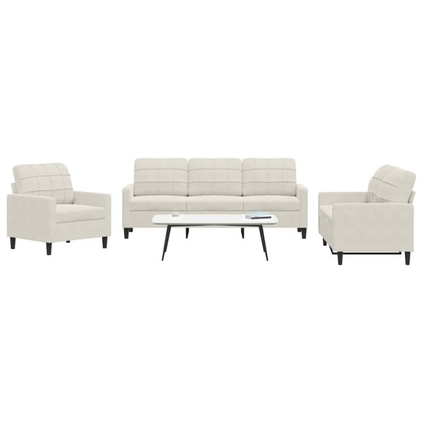 Sofa set with cushions, 3 parts, cream, velvet