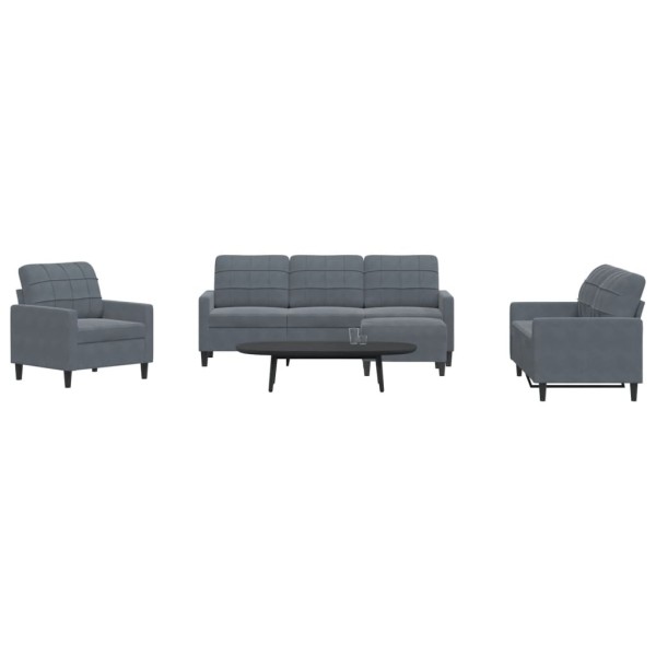 Sofa set with cushions, 4 parts, gray, velvet