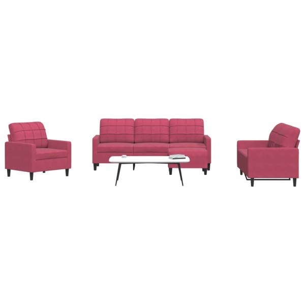 Sofa set with cushions, 4 parts, wine, velvet