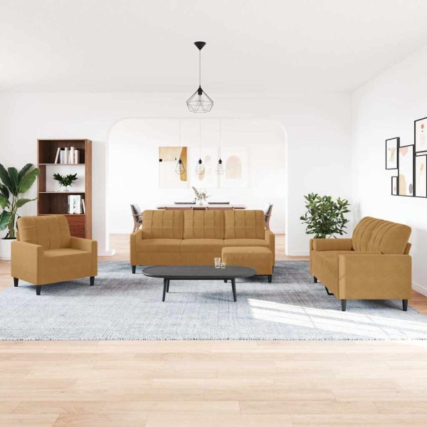 Sofa set with cushions, 4 parts, brown, velvet
