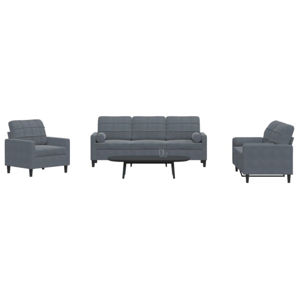Sofa set with cushions, 3 parts, gray, velvet