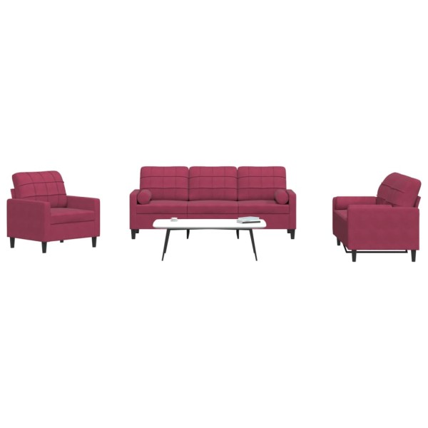 Sofa set with cushions, 3 parts, wine, velvet