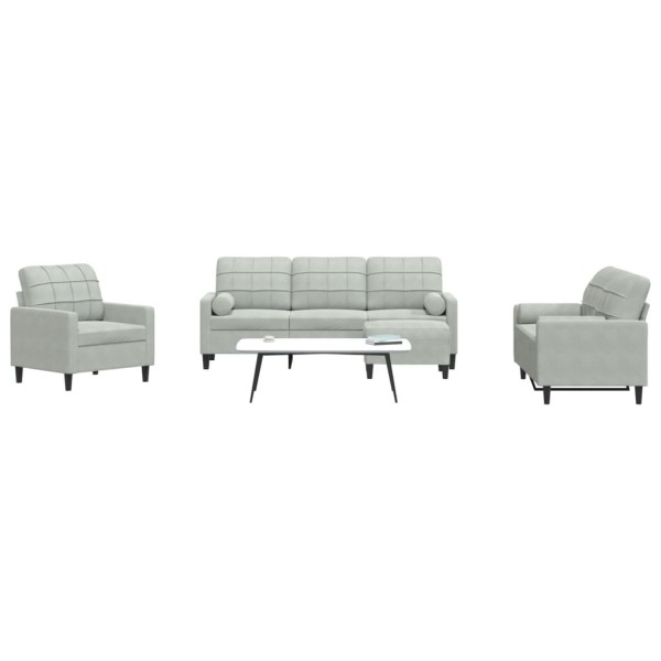 Sofa set with cushions, 4 parts, gray, velvet