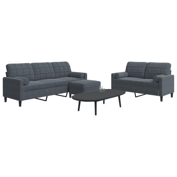 Sofa set with cushions, 3 parts, gray, velvet