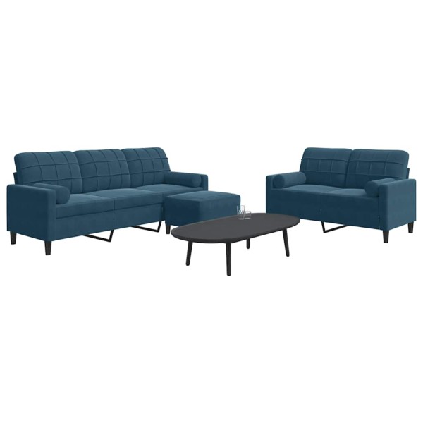 Sofa set with cushions, 3 parts, blue, velvet