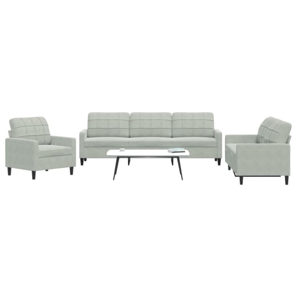 Sofa set with cushions, 3 parts, gray, velvet