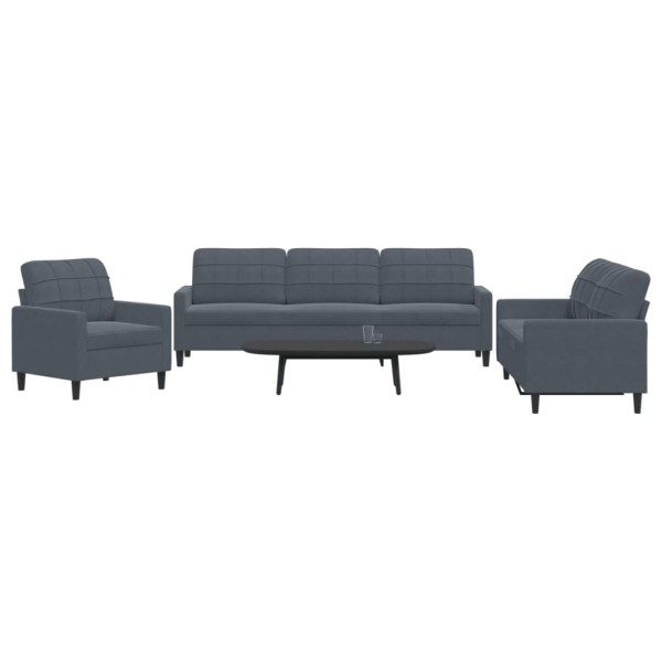 Sofa set with cushions, 3 parts, gray, velvet