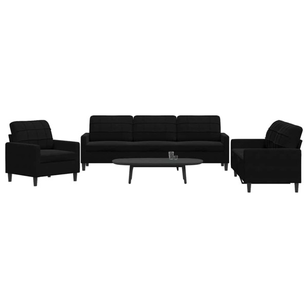 Sofa set with cushions, 3 parts, black, velvet
