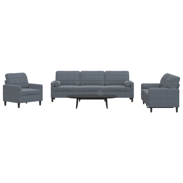 Sofa set with cushions, 3 parts, gray, velvet