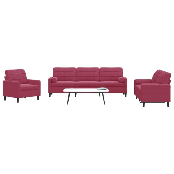 Sofa set with cushions, 3 parts, wine, velvet