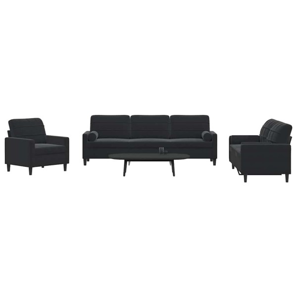 Sofa set with cushions, 3 parts, black, velvet