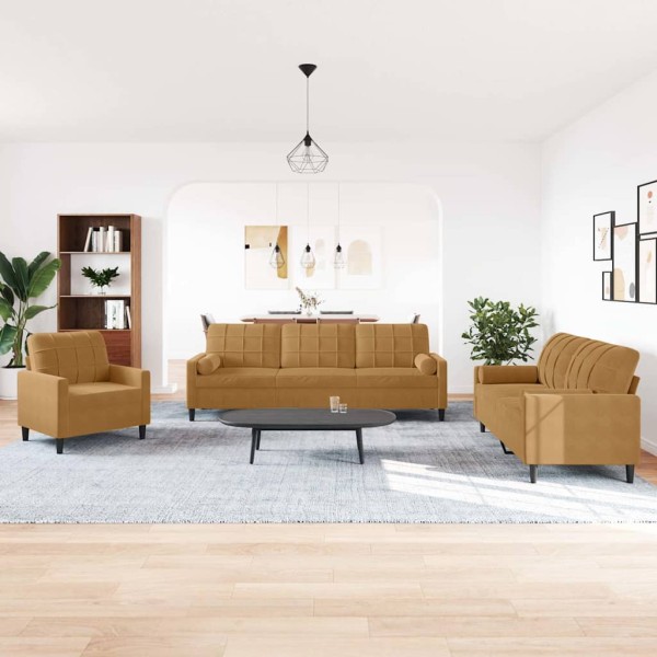 Sofa set with cushions, 3 parts, brown, velvet