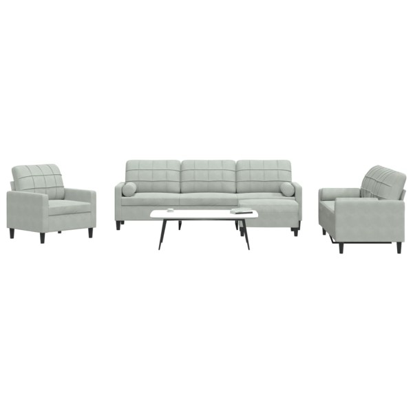 Sofa set with cushions, 4 parts, gray, velvet
