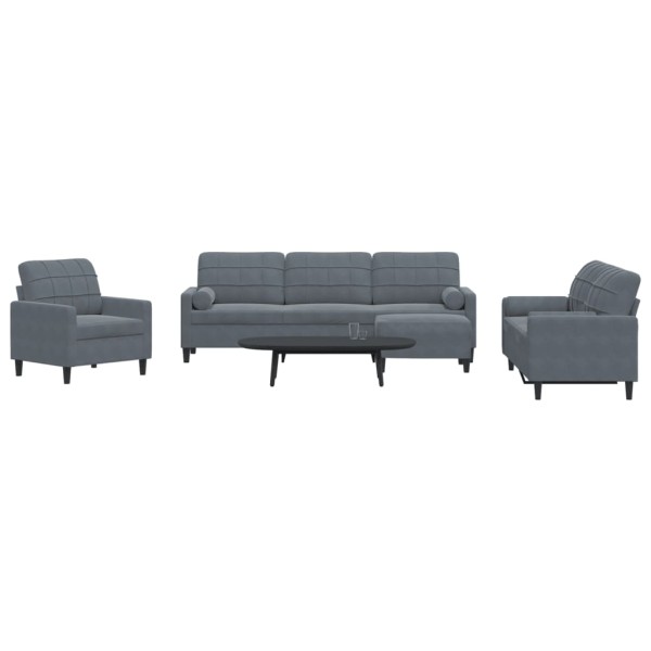 Sofa set with cushions, 4 parts, gray, velvet