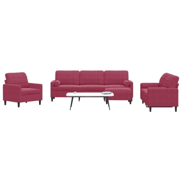 Sofa set with cushions, 4 parts, wine, velvet