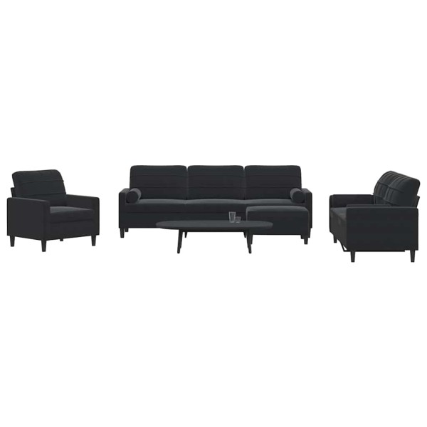 Sofa set with cushions, 4 parts, black, velvet