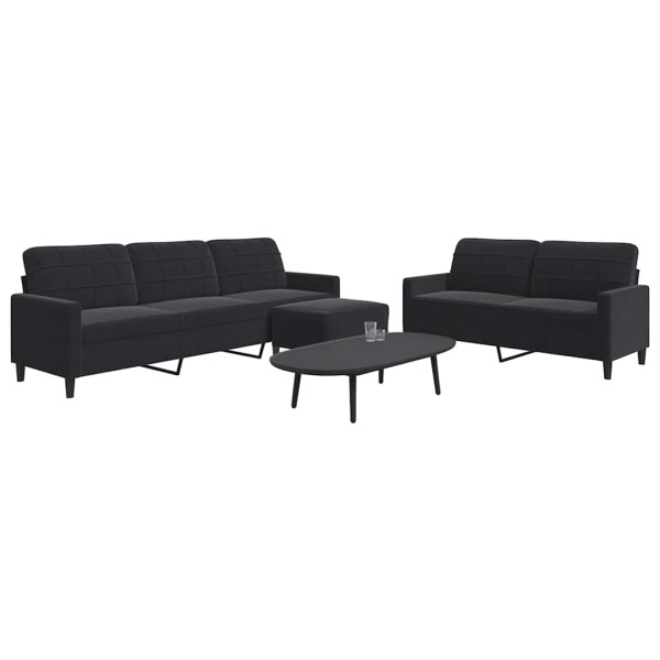Sofa set with cushions, 3 parts, black, velvet
