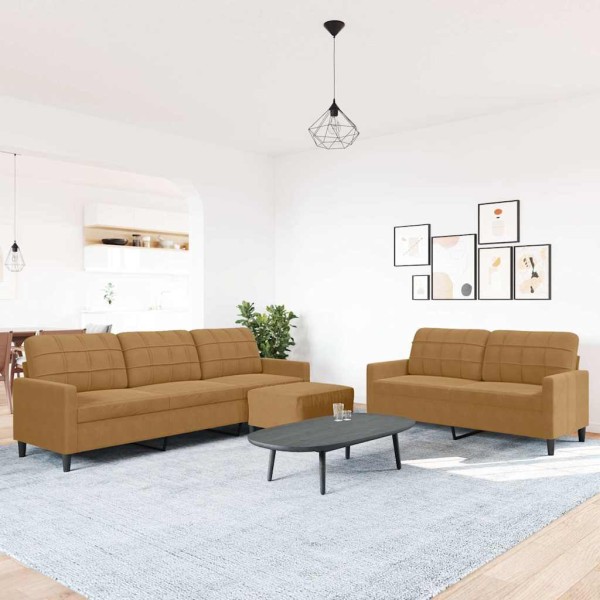 Sofa set with cushions, 3 parts, brown, velvet