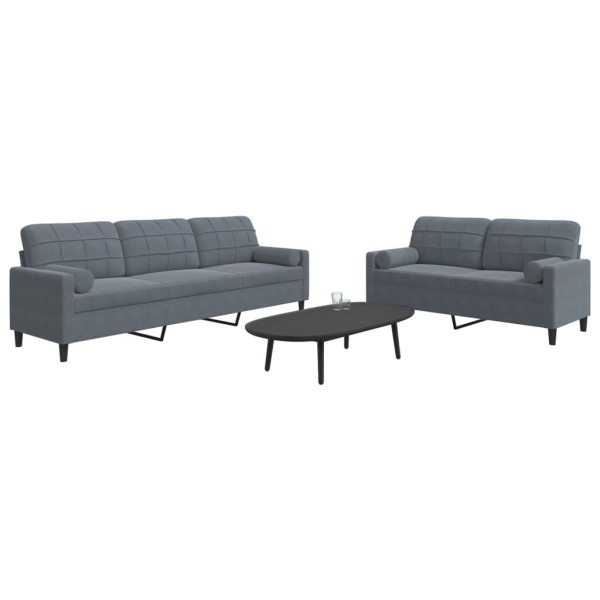 Sofa set with cushions, 2 parts, gray, velvet