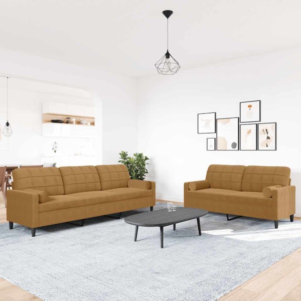 Sofa set with cushions, 2 parts, brown, velvet
