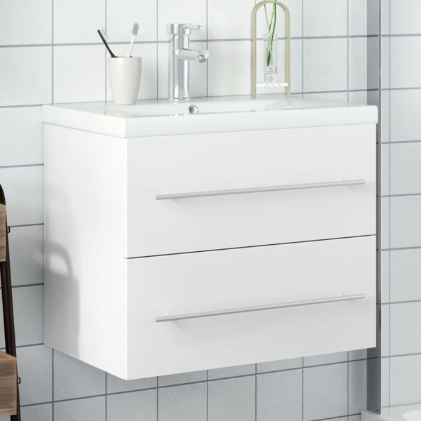 Bathroom vanity cabinet with built-in washbasin, white