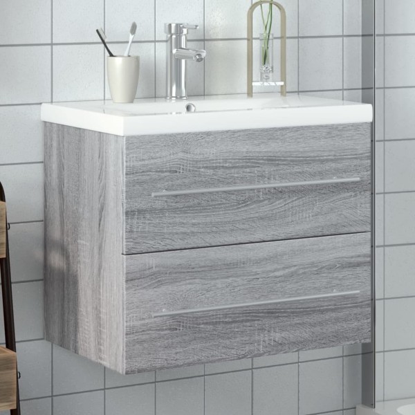Bathroom vanity cabinet with built-in washbasin, gray oak