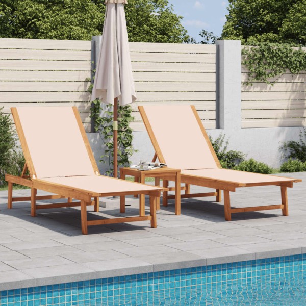 Sunbeds with table, 2 pcs., cream, acacia/textile
