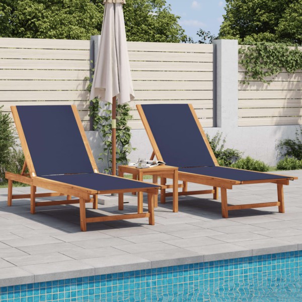Sunbeds with table, 2 pcs., blue, acacia and textilene