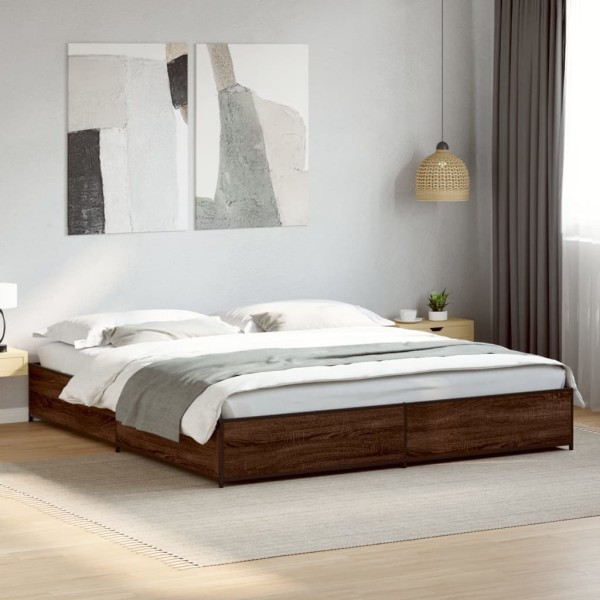 Bed frame, brown oak, 200x200cm, processed wood/metal