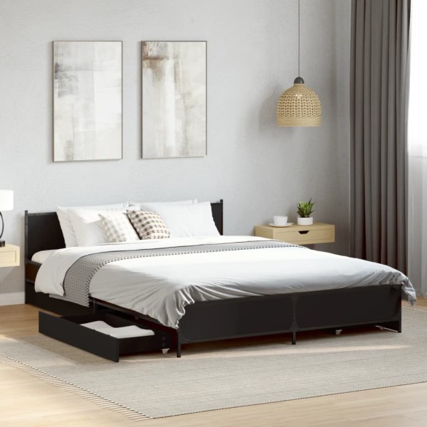 Bed frame with drawers, black, 135x190cm, processed wood