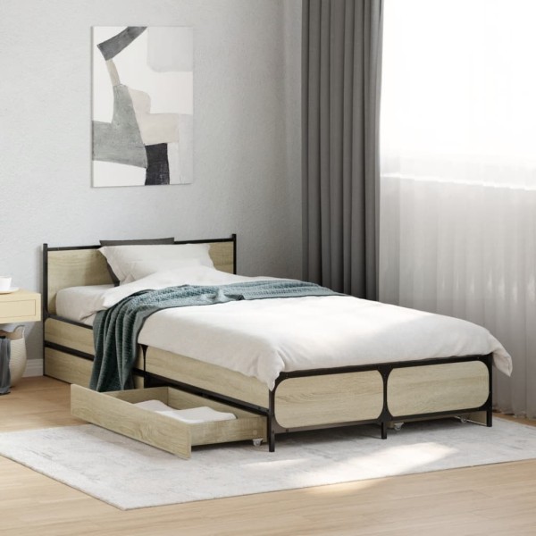 Bed frame with drawers, oak, 75x190cm, processed wood