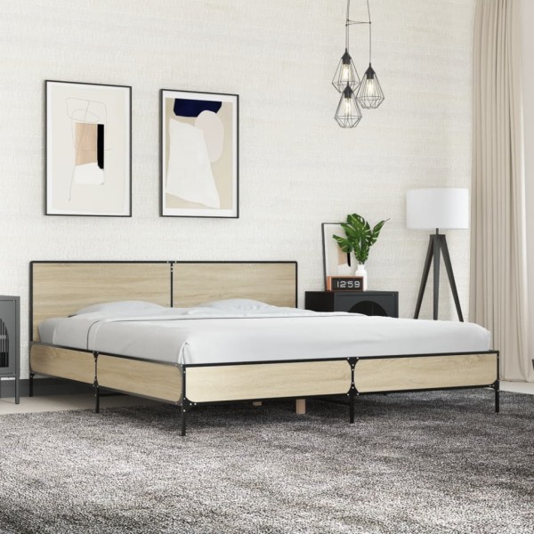 Bed frame, oak, 200x200cm, processed wood and metal