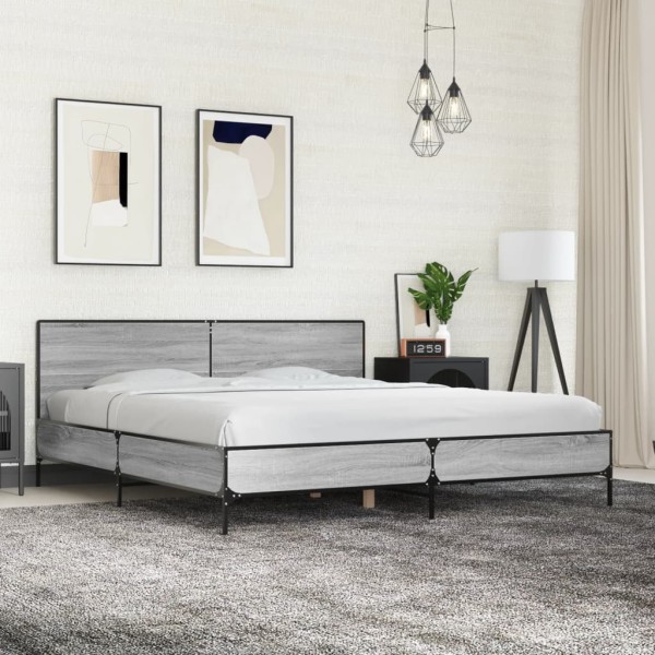 Bed frame, gray oak, 200x200cm, processed wood/metal