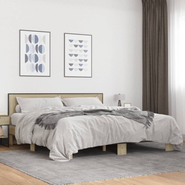 Bed frame, oak, 200x200cm, processed wood and metal